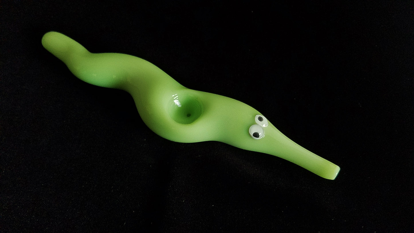 Hand blown glass worm on a string pipe. Unique gift idea.