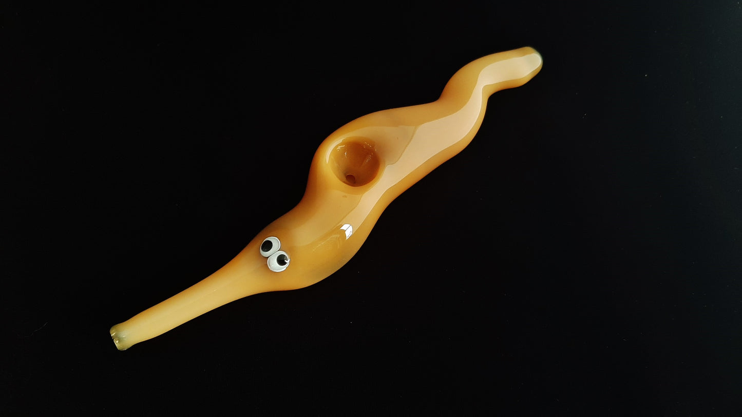 Hand blown glass worm on a string pipe. Unique gift idea.