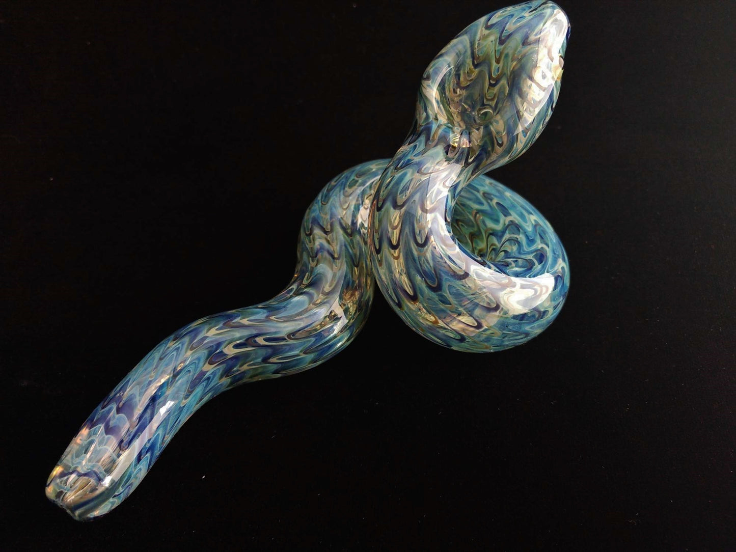 Hand blown coiled glass snake pipe. Color changing. Unique gift idea.