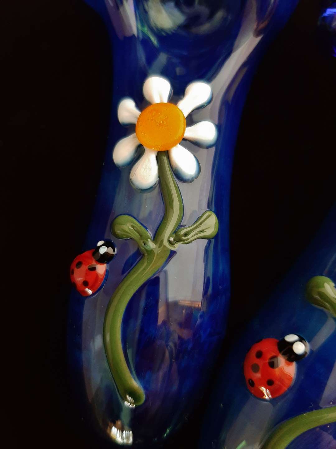 Cobalt Blue Glass Daisy and Ladybug Pipe