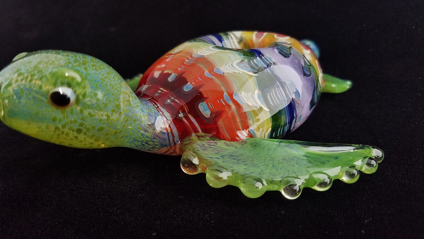 Glass Sea Turtle Pipe | Rainbow Shell | UV Glow