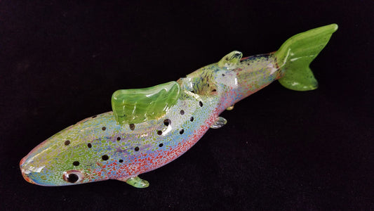 Hand crafted and unique rainbow trout pipe. Glass art work.